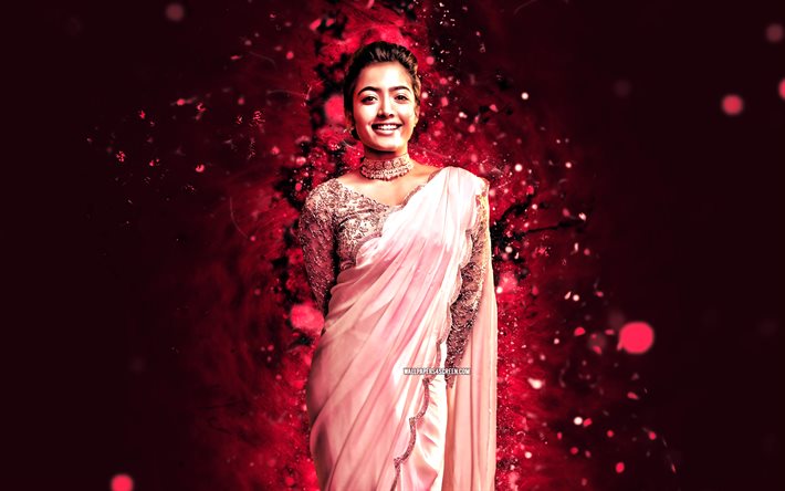 rashmika mandanna, 4k, luces de neón púrpura, actriz india, bollywood, estrellas de cine, obra de arte, celebridad india, rashmika mandanna 4k