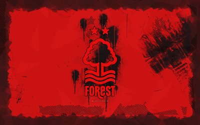 nottingham forest fc grunge logo, 4k, elitserien, röd grunge bakgrund, fotboll, nottingham forest fc emblem, nottingham forest fc  logotyp, engelska fotbollsklubb, nottingham forest fc