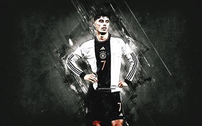 kai havertz, équipe nationale de football allemande, portrait, joueur de football allemand, fond de pierre blanche, allemagne, football
