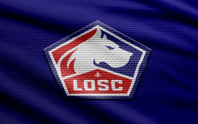 Lille OSC fabric logo, 4k, blue fabric background, Ligue 1, bokeh, soccer, Lille OSC logo, football, Lille OSC emblem, Lille OSC, french football club, Lille FC