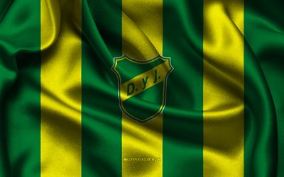 4k, defensa y justiciaのロゴ, 緑の黄色の絹の布, アルゼンチンのフットボールチーム, ディフェンサyジャスティシアエンブレム, アルゼンチンプリメラ部門, ディフェンサyジャスティシア, アルゼンチン, フットボール, ディフェンサyジャスティシアフラグ, サッカー, defensa y justicia fc