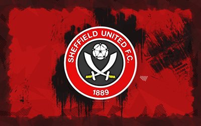 sheffield united grunge  logo, 4k, valioliiga, punainen grunge  tausta, jalkapallo, sheffield united tunnus, sheffield united  logo, englantilainen jalkapalloseura, sheffield united fc