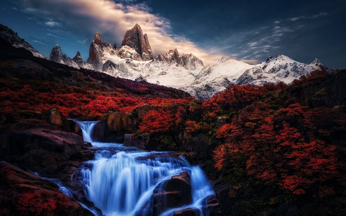 patagonia, montañas, otoño, río de montaña, cascada, argentina, hermosa naturaleza, sudamerica, hdr