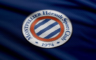 montpellier hsc fabric logo, 4k, fundo de tecido azul, ligue 1, bokeh, futebol, montpellier hsc logo, montpellier hsc emblem, montpellier hsc, clube de futebol francês, montpellier fc