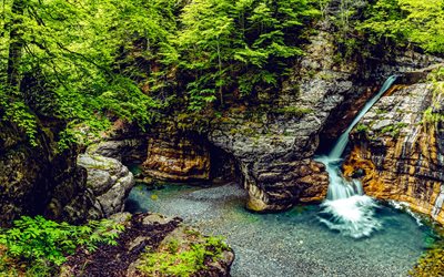 4k, mountain waterfall, river, mountains, forest, mountain stream, rivers, waterfalls