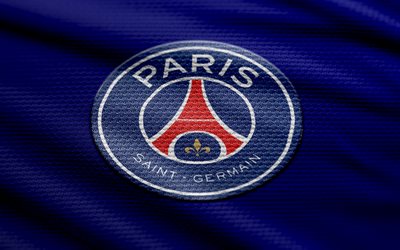 PSG fabric logo, 4k, blue fabric background, Ligue 1, bokeh, soccer, PSG logo, football, PSG emblem, PSG, Paris Saint-Germain, french football club, Paris Saint-Germain FC