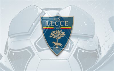 US Lecce glossy logo, 4K, blue football background, Serie A, soccer, italian football club, US Lecce 3D logo, US Lecce emblem, Lecce FC, football, sports logo, US Lecce