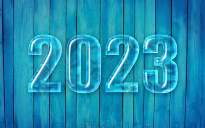2023 Happy New Year, 4k, blue glass digits, 2023 concepts, creative, 2023 3D digits, 2023 glass digits, Happy New Year 2023, 2023 blue background, 2023 year