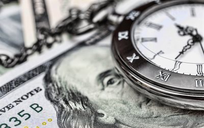 tempo é dinheiro, 4k, relógio de bolso dólar, finança, dinheiro, relógio de bolso de prata, conceitos de negócios, tempo é dinheiro conceitos