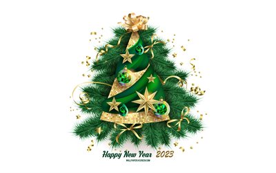 4k, Happy New Year 2023, Christmas tree with gold decorations, Merry Christmas, 2023 concepts, 2023 Happy New Year, background with Christmas tree