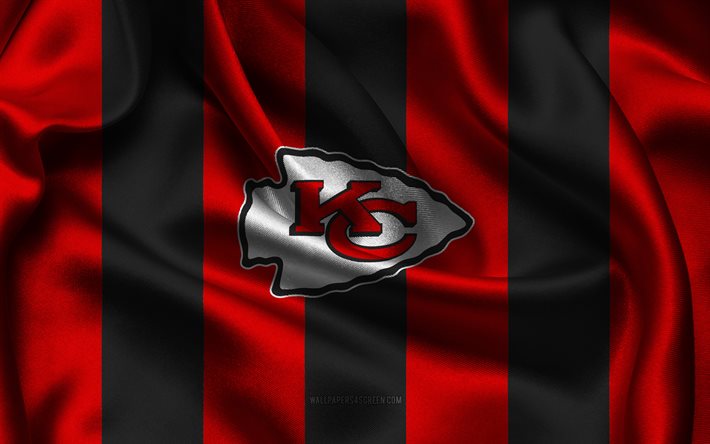4k, कैनसस सिटी चीफ्स लोगो, लाल काला रेशमी कपड़ा, अमेरिकी फुटबॉल टीम, कैनसस सिटी के प्रमुखों का प्रतीक, एनएफएल, कैनसस सिटी चीफ्स बैज, अमेरीका, अमरीकी फुटबॉल, कंसास शहर के प्रमुखों का झंडा