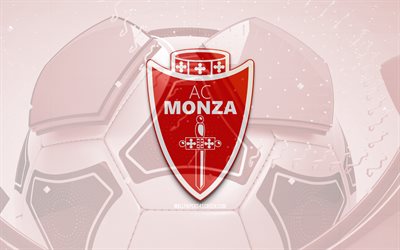AC Monza glossy logo, 4K, red football background, Serie A, soccer, italian football club, AC Monza 3D logo, AC Monza emblem, Monza FC, football, sports logo, AC Monza
