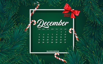 4k, December 2022 Calendar, green Christmas tree frame, green tree background, 2022 December Calendar, 2022 concepts, December, green pine branches, 2022 calendars
