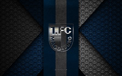 fc magdeburg, 2 bundesliiga, valkoinen sininen neulottu rakenne, fc magdeburgin logo, saksan jalkapalloseura, fc magdeburgin tunnus, jalkapallo, magdeburg, saksa