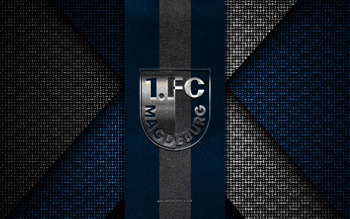 fc magdeburg, 2 bundesliga, textura de malha azul branca, logótipo do fc magdeburg, clube de futebol alemão, emblema do fc magdeburg, futebol, magdeburgo, alemanha