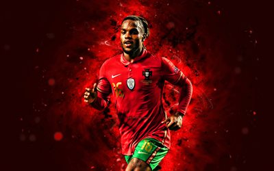 renato sanches, 4k, punaiset neonvalot, portugalin jalkapallomaajoukkue, jalkapallo, jalkapalloilijat, punainen abstrakti tausta, renato sanches 4k
