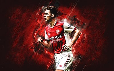 Kieran Tierney, Arsenal FC, Scottish footballer, defender, red stone background, premier league, england, football