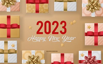 2023 Happy New Year, 4k, Christmas background with gifts, 2023 concepts, 2023 greeting card, Christmas gifts, Happy New Year 2023, creative art, 2023 background