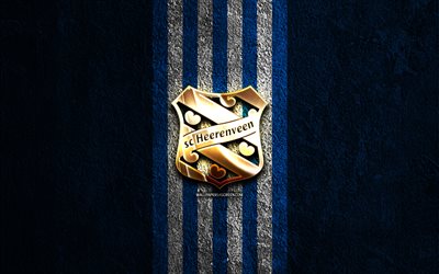 SC Heerenveen golden logo, 4k, blue stone background, Eredivisie, dutch football club, SC Heerenveen logo, soccer, SC Heerenveen emblem, SC Heerenveen, football, Heerenveen FC