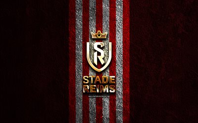 logo dorato dello stade de reims, 4k, sfondo di pietra rossa, lega 1, squadra di calcio francese, logo dello stade de reims, calcio, emblema dello stade de reims, stadio di reims, fc reims