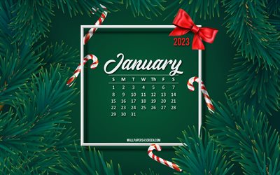 4k, 2023년 1월 달력, 녹색 크리스마스 트리 프레임, 녹색 나무 배경, 2023년 컨셉, 1월, 푸른 소나무 가지, 2023년 달력
