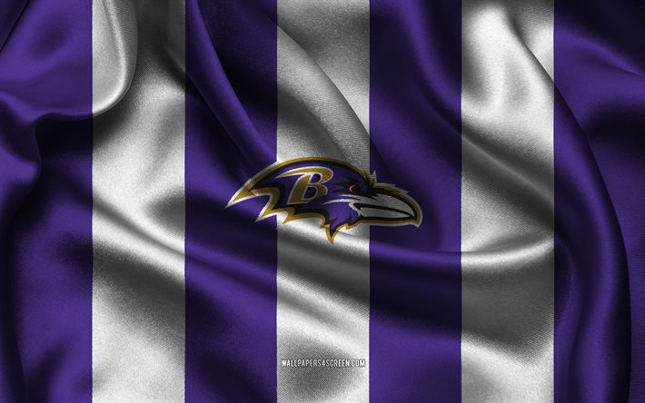 4k, logo des ravens de baltimore, tissu de soie blanc violet, équipe de football américain, emblème des ravens de baltimore, nfl, insigne des ravens de baltimore, etats unis, football américain, drapeau des ravens de baltimore