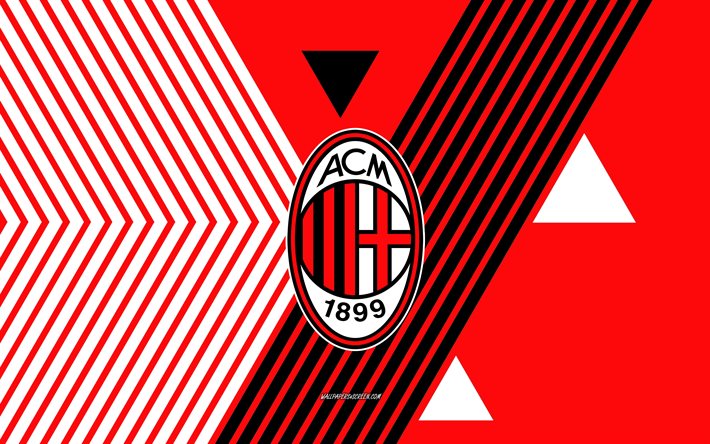 logotipo del ac milán, 4k, equipo de fútbol italiano, fondo de líneas negras rojas, ac milan, serie a, italia, arte lineal, emblema del ac milán, fútbol