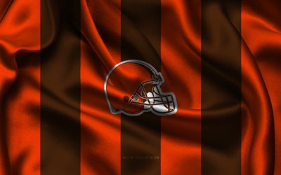 4k, logo des cleveland browns, tissu de soie marron orange, équipe de football américain, emblème des cleveland browns, nfl, insigne des browns de cleveland, etats unis, football américain, drapeau des browns de cleveland