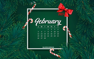 4k, February 2023 Calendar, green Christmas tree frame, green tree background, 2023 February Calendar, 2023 concepts, February, green pine branches, 2023 calendars