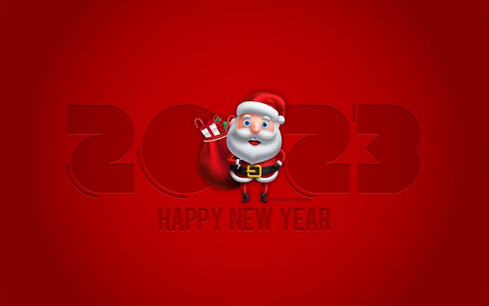 Happy New Year 2023, Santa Claus, 2023 red greeting card, 2023 concepts, 2023 background with Santa Claus, 2023 Happy New Year, 2023 red background, 2023 template