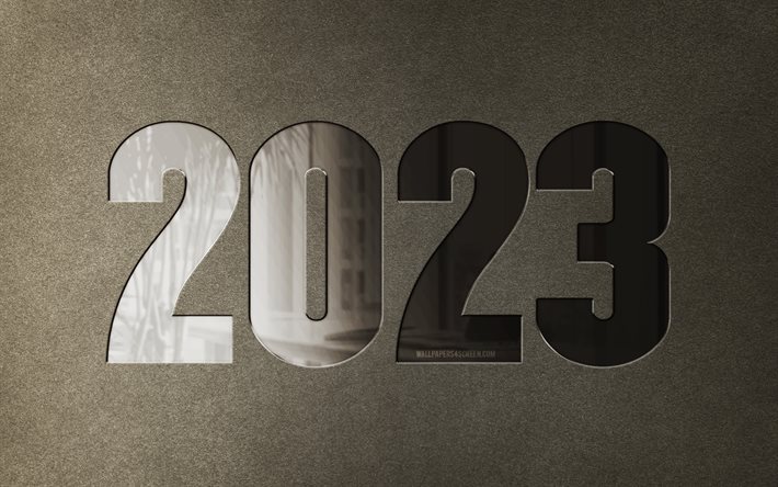 2023 felice anno nuovo, cifre di metallo, 2023 anno, 4k, opera d'arte, 2023 concetti, 2023 cifre 3d, 2023 concetti di business, felice anno nuovo 2023, 2023 sfondo di pietra