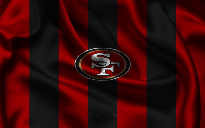 4k, サンフランシスコ・フォーティーナイナーズのロゴ, 赤黒の絹織物, アメリカン フットボール チーム, サンフランシスコ・フォーティーナイナーズのエンブレム, nfl, サンフランシスコ・フォーティナイナーズのバッジ, アメリカ合衆国, アメリカンフットボール, サンフランシスコ 49ers の旗