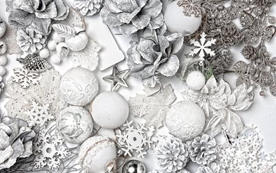 fondo blanco de navidad, invierno, nieve, adornos navideños blancos, fondo blanco para la tarjeta de felicitación de navidad, tarjeta de felicitación de navidad blanca, feliz año nuevo, bolas blancas de navidad, feliz navidad
