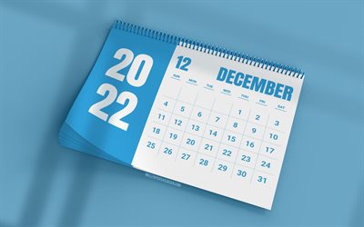 2022年12月のカレンダー, 4k, 青い卓上カレンダー, 3d アート, 青い背景, 12月, 2022年カレンダー, 冬のカレンダー, 2022年営業12月カレンダー, 2022年卓上カレンダー