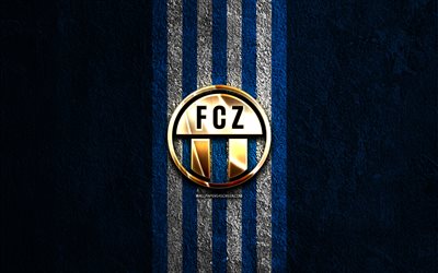 goldenes logo des fc zürich, 4k, hintergrund aus blauem stein, schweizer superliga, schweizer fussballverein, fc zürich logo, fußball, emblem des fc zürich, fc zürich