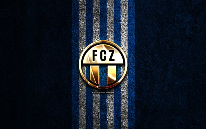 fc zurich kultainen logo, 4k, sininen kivi tausta, sveitsin superliiga, sveitsiläinen jalkapalloseura, fc zürichin logo, jalkapallo, fc zürichin tunnus, fc zürich, zürich fc