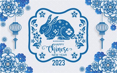 2023 nouvel an chinois, 4k, fond d'ornements chinois bleu, l'année du lapin, calendrier chinois, concepts 2023, bonne année 2023, 2023 contexte chinois, ornements chinois