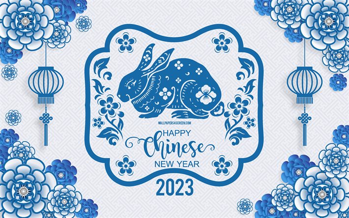 2023 año nuevo chino, 4k, fondo de adornos chinos azules, año del conejo, calendario chino, 2023 conceptos, feliz año nuevo 2023, fondo chino 2023, 2023 feliz año nuevo, adornos chinos