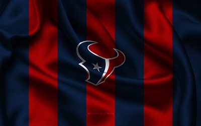 4k, logotipo do houston texans, tecido de seda vermelho azul, time de futebol americano, emblema do houston texans, nfl, insígnia do houston texans, eua, futebol americano, bandeira de houston texans