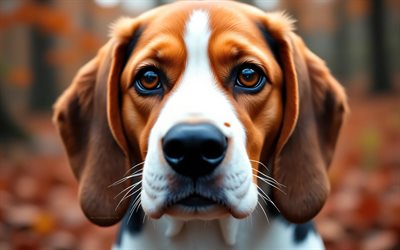 Beagle, 4k, autumn, bokeh, forest, dogs, muzzle, cute animals, pets, dog in forest, Beagle Dog