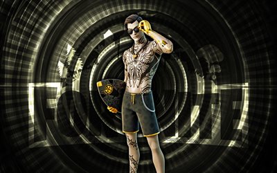 midas de verano fortnite, 4k, fondo espiral verde, fortnite, creativo, piel de midas de pleno verano, piel de midas de verano de fortnite, midas de verano, personajes fortnite