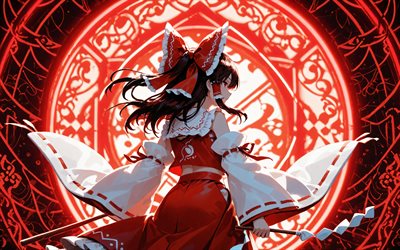 4k, reimu hakurei, vista trasera, touhou, fondo abstracto rojo, protagonista, hakurei reimu, manga japonés, personajes de anime, proyecto touhou, personajes touhou, reimu hakurei touhou