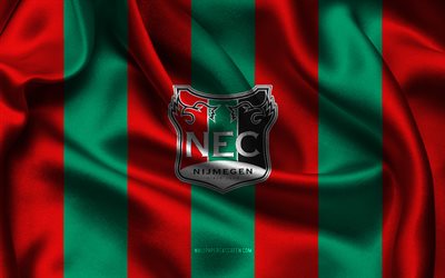 4k, logotipo de nij nijmegen, tela de seda roja verde, equipo de fútbol de los países bajos, nec nijmegen emblema, eredivisie, nijmegen fc, países bajos, fútbol americano, nec nijmegen bandera, nij nijmegen