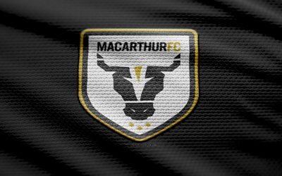 logo macarthur fc fabric, 4k, sfondo in tessuto nero, a league, bokeh, calcio, logo macarthur fc, emblema di macarthur fc, macarthur fc, club di calcio australiano, fc macarthur