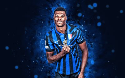 denzel dumfries, 4k, mavi neon işıklar, inter milan, serie a, hollandalı futbolcular, denzel dumfries 4k, futbol, iç içe, internazionale, denzel dumfries inter