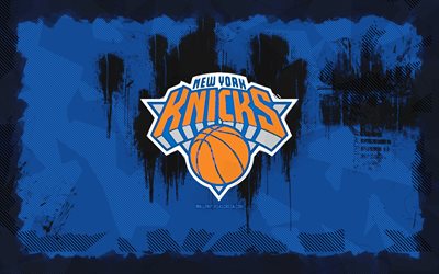 new york knicks grunge logo, 4k, nba, fundo azul grunge, basquetebol, emblema do new york knicks, logotipo do new york knicks, time de basquete americano, new york knicks