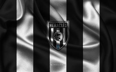 4k, logotipo de heracles almelo, tela de seda blanca negra, equipo de fútbol de los países bajos, heracles almelo emblema, eredivisie, heracles almelo, países bajos, fútbol americano, heracles almelo flagal