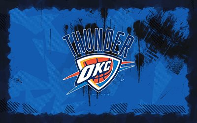 oklahoma city thunder grunge logosu, 4k, nba, mavi grunge arka plan, basketbol, oklahoma city thunder amblemi, oklahoma city thunder logosu, amerikan basketbol takımı, oklahoma city thunder, okc