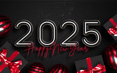 2025 sur la grille métallique, 4k, 2025 bonne année, 2025 inscription, chiffres 3d, ballons 3d, coffres cadeaux, 2025 ans, œuvres d'art, 2025 concepts, 2025 chiffres 3d, bonne année 2025, grille en métal noir, 2025 fond métallique