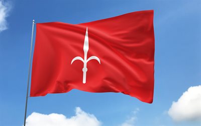 flag trieste sur le mât, 4k, villes italiennes, ciel bleu, drapeau de trieste, drapeaux satin ondulés, villes d'italie, mât avec drapeau, jour de trieste, italie, trieste